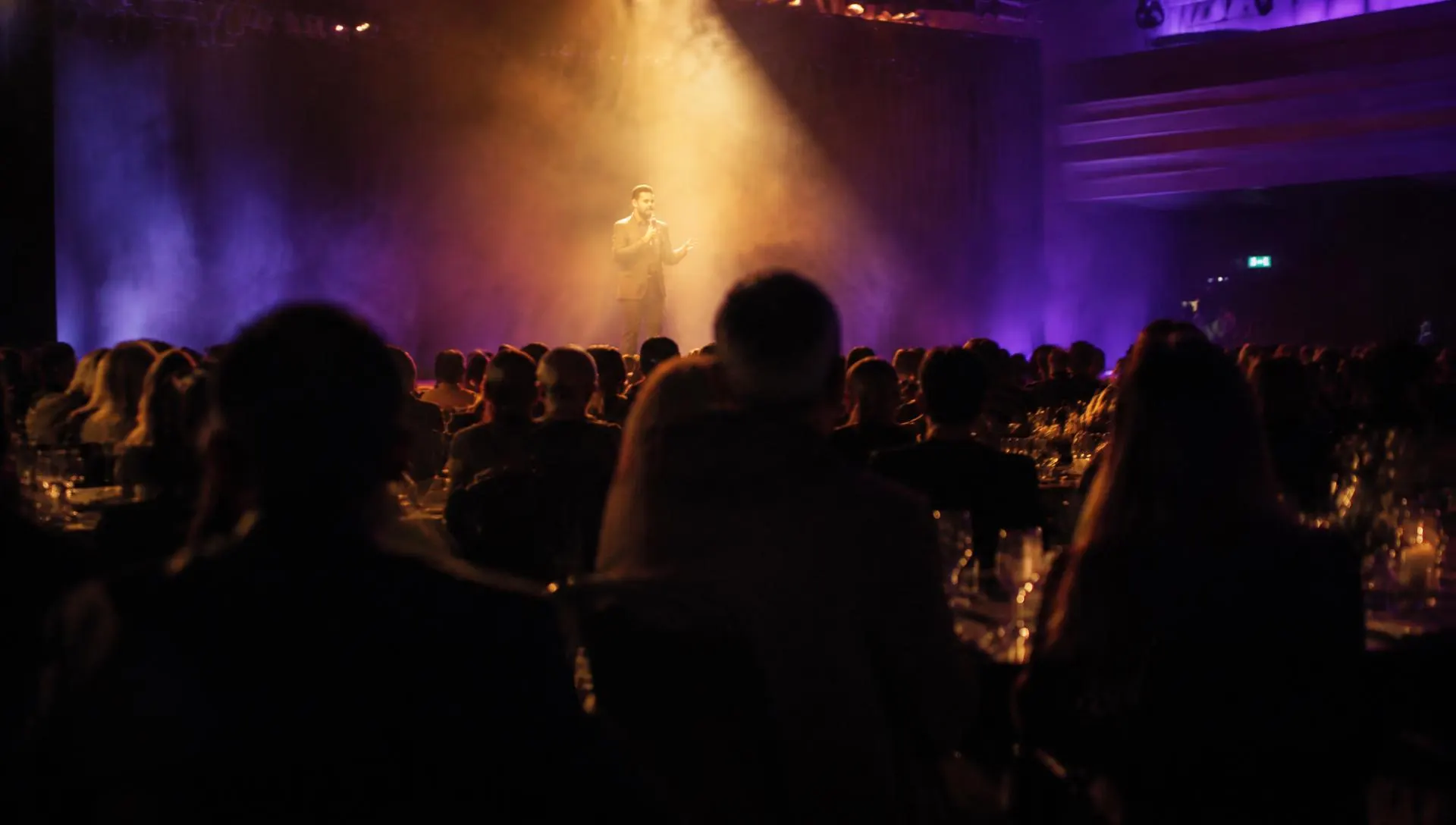Wide audience laughing toward a spotlit stage, seen from behind the crowd