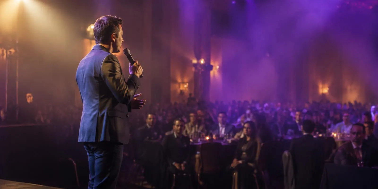 Emcee with a handheld microphone addressing a corporate audience