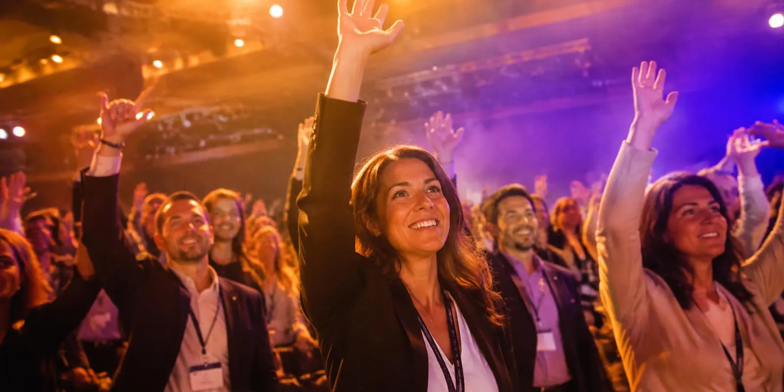 Guests raising their hands in a lit ballroom